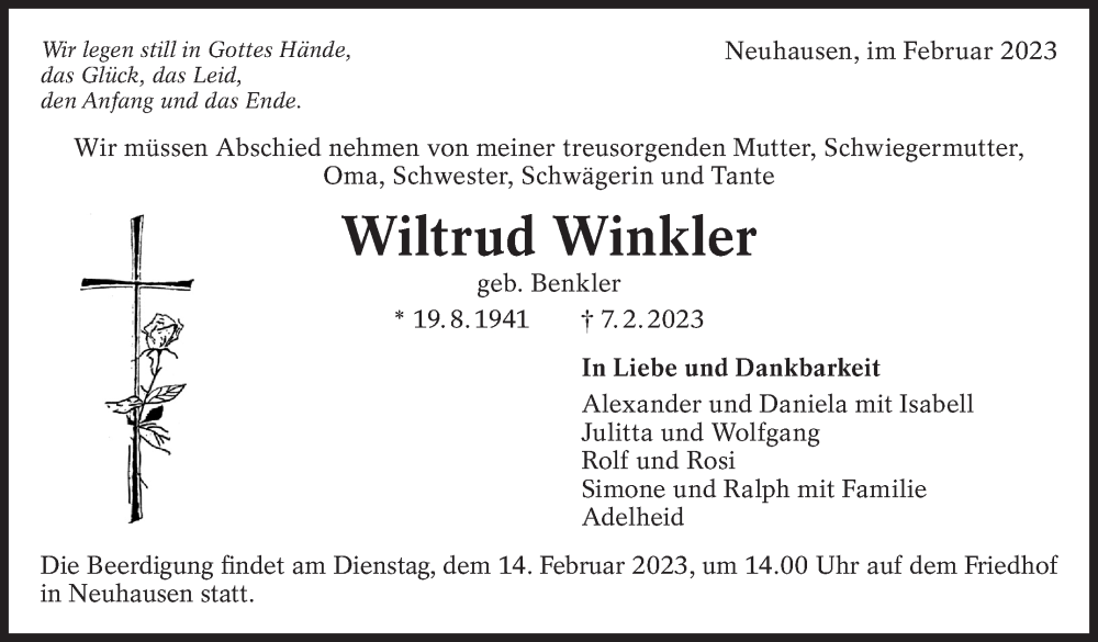  Traueranzeige für Wiltrud Winkler vom 11.02.2023 aus Eßlinger Zeitung/Cannstatter Zeitung