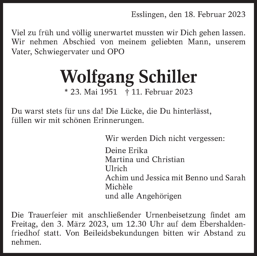  Traueranzeige für Wolfgang Schiller vom 18.02.2023 aus Eßlinger Zeitung/Cannstatter Zeitung