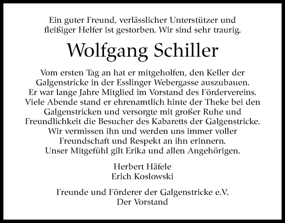  Traueranzeige für Wolfgang Schiller vom 27.02.2023 aus Eßlinger Zeitung/Cannstatter Zeitung