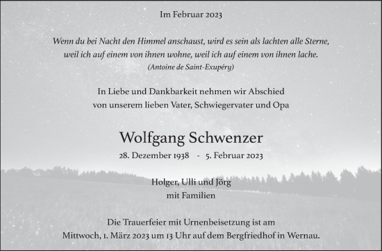 Traueranzeige von Wolfgang Schwenzer von Eßlinger Zeitung/Cannstatter Zeitung