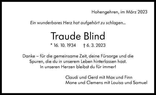 Traueranzeige von Traude Blind von 	Eßlinger Zeitung/Cannstatter Zeitung