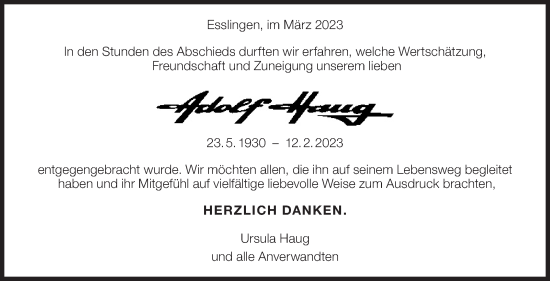 Traueranzeige von Adolf Haug von Eßlinger Zeitung/Cannstatter Zeitung
