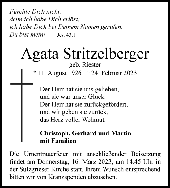Traueranzeige von Agata Stritzelberger von Eßlinger Zeitung/Cannstatter Zeitung
