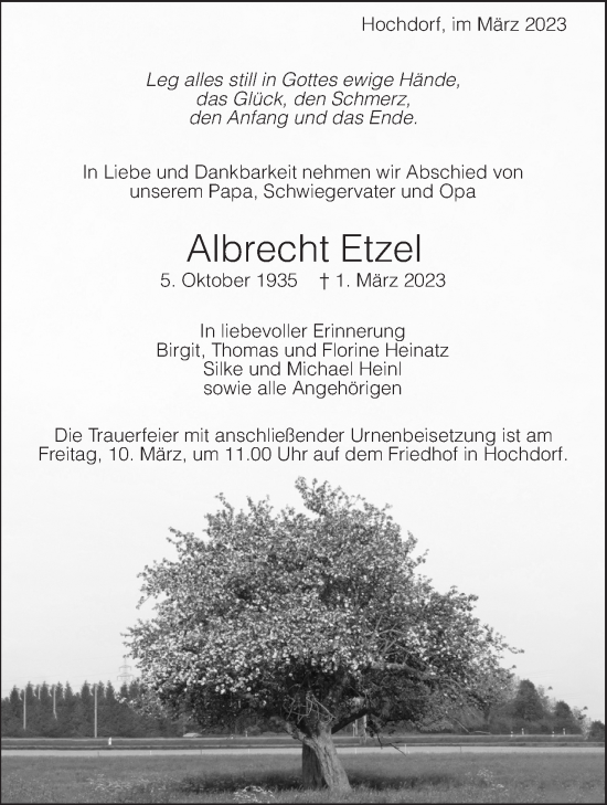 Traueranzeige von Albrecht Etzel von Eßlinger Zeitung/Cannstatter Zeitung