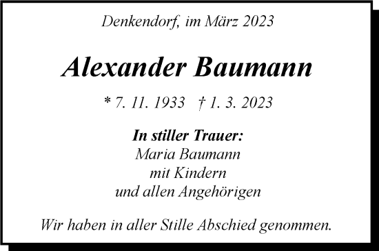 Traueranzeige von Alexander Baumann von Eßlinger Zeitung/Cannstatter Zeitung