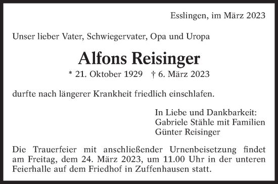 Traueranzeige von Alfons Reisinger von Eßlinger Zeitung/Cannstatter Zeitung