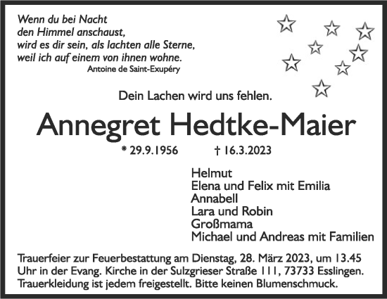 Traueranzeige von Annegret Hedtke-Maier von Eßlinger Zeitung/Cannstatter Zeitung