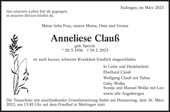Traueranzeige von Anneliese Clauß von Eßlinger Zeitung/Cannstatter Zeitung