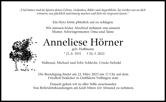 Traueranzeige von Anneliese Hörner von Eßlinger Zeitung/Cannstatter Zeitung