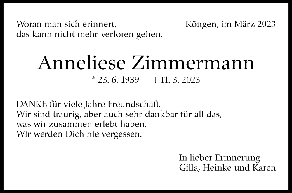 Traueranzeige für Anneliese Zimmermann vom 28.03.2023 aus Eßlinger Zeitung/Cannstatter Zeitung