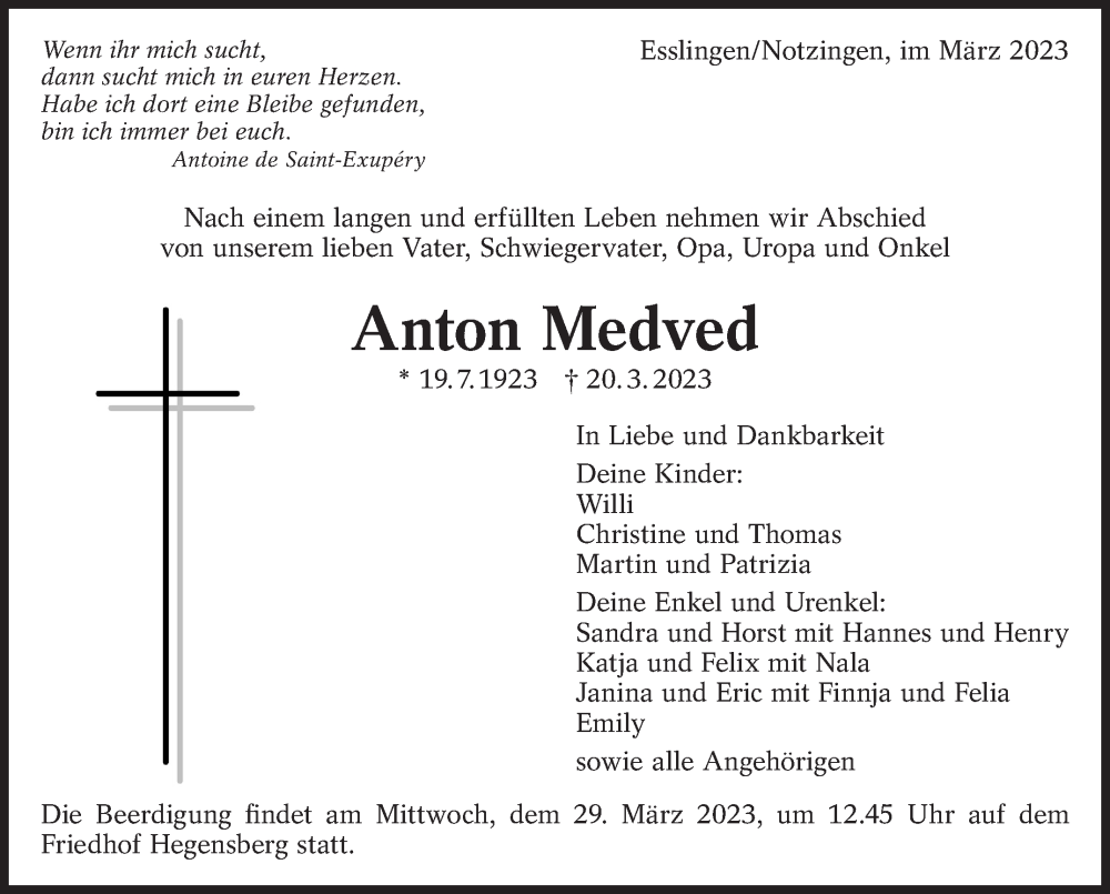  Traueranzeige für Anton Medved vom 25.03.2023 aus Eßlinger Zeitung/Cannstatter Zeitung
