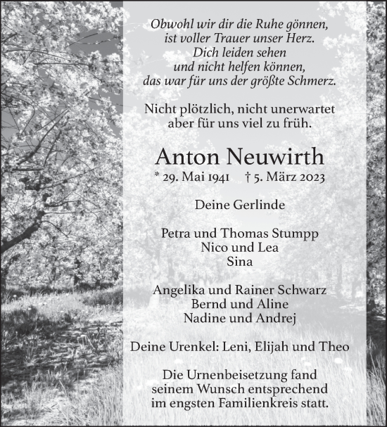 Traueranzeige von Anton Neuwirth von Eßlinger Zeitung/Cannstatter Zeitung