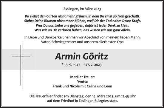 Traueranzeige von Armin Göritz von Eßlinger Zeitung/Cannstatter Zeitung