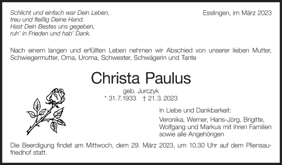 Traueranzeige von Christa Paulus von Eßlinger Zeitung/Cannstatter Zeitung