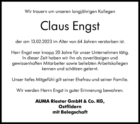 Traueranzeige von Claus Engst von Eßlinger Zeitung/Cannstatter Zeitung