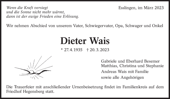 Traueranzeige von Dieter Wais von Eßlinger Zeitung/Cannstatter Zeitung