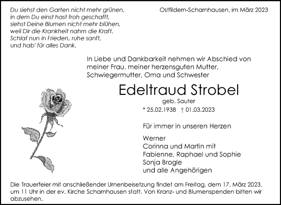 Traueranzeige von Edeltraud Strobel von Eßlinger Zeitung/Cannstatter Zeitung