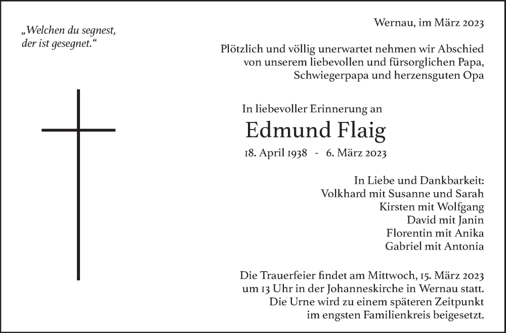  Traueranzeige für Edmund Flaig vom 14.03.2023 aus Eßlinger Zeitung/Cannstatter Zeitung