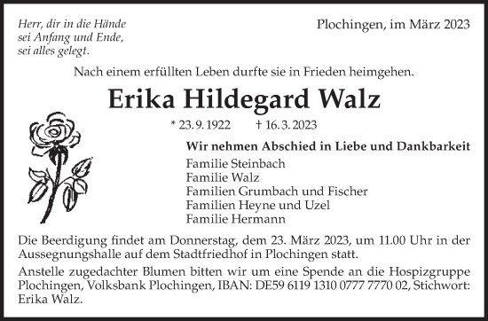 Traueranzeige von Erika Hildegard Walz von Eßlinger Zeitung/Cannstatter Zeitung