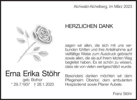 Traueranzeige von Erna Erika Stöhr von Eßlinger Zeitung/Cannstatter Zeitung