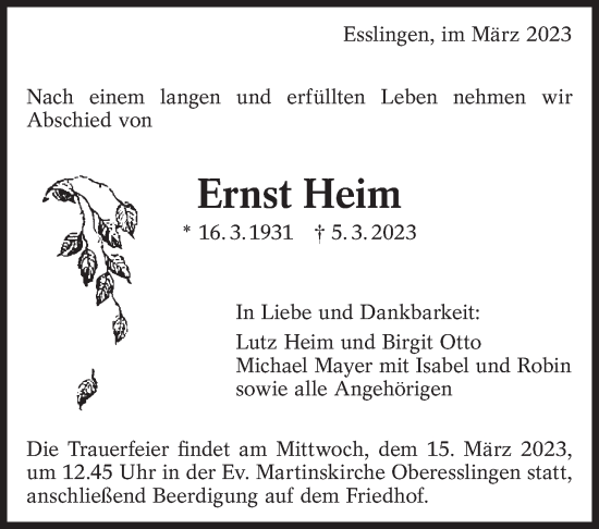 Traueranzeige von Ernst Heim von Eßlinger Zeitung/Cannstatter Zeitung