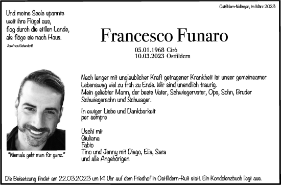 Traueranzeige von Francesco Funaro von Eßlinger Zeitung/Cannstatter Zeitung