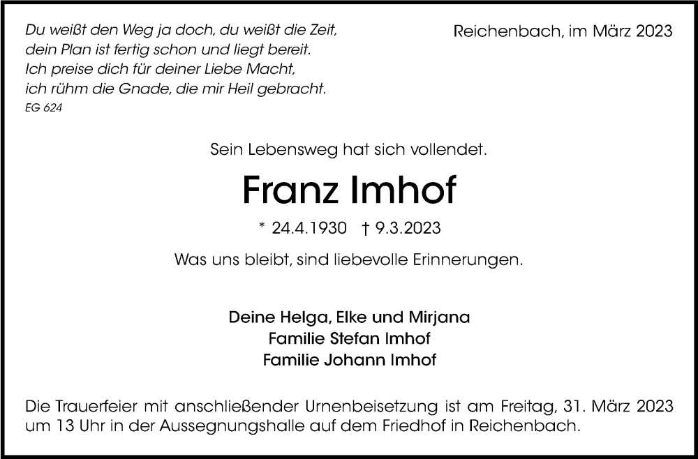  Traueranzeige für Franz Imhof vom 16.03.2023 aus Eßlinger Zeitung/Cannstatter Zeitung