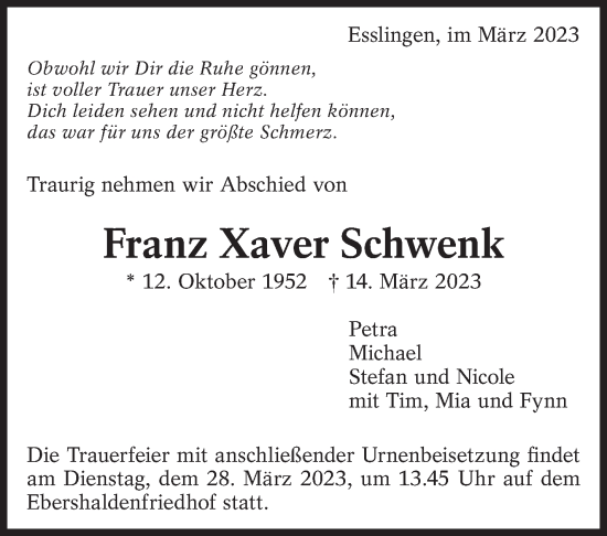 Traueranzeige von Franz Xaver Schwenk von Eßlinger Zeitung/Cannstatter Zeitung
