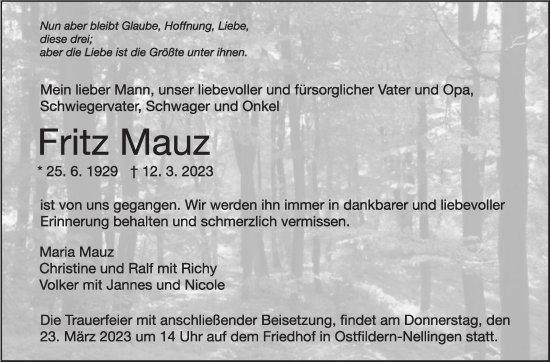 Traueranzeige von Fritz Mauz von Eßlinger Zeitung/Cannstatter Zeitung