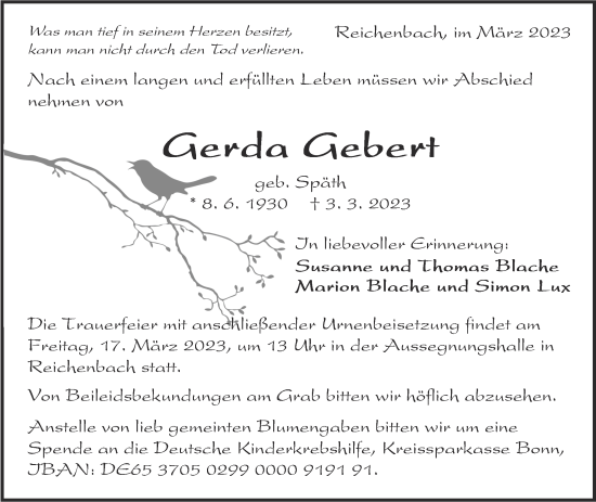 Traueranzeige von Gerda Gebert von Eßlinger Zeitung/Cannstatter Zeitung