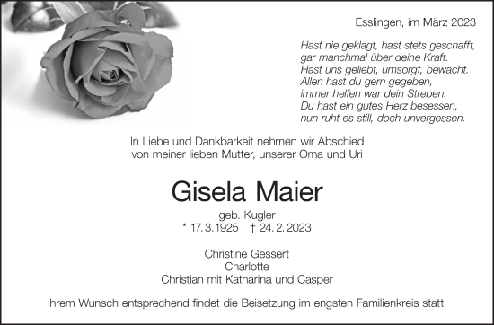 Traueranzeige von Gisela Maier von Eßlinger Zeitung/Cannstatter Zeitung
