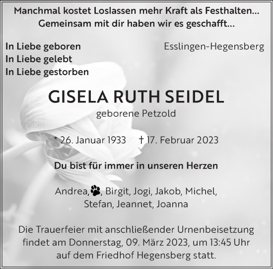 Traueranzeige von Gisela Ruth Seidel von Eßlinger Zeitung/Cannstatter Zeitung