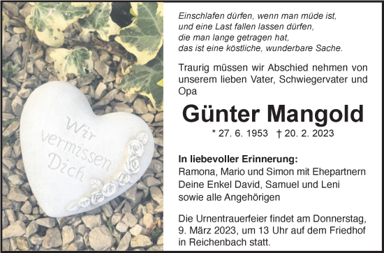 Traueranzeige von Günter Mangold von Eßlinger Zeitung/Cannstatter Zeitung