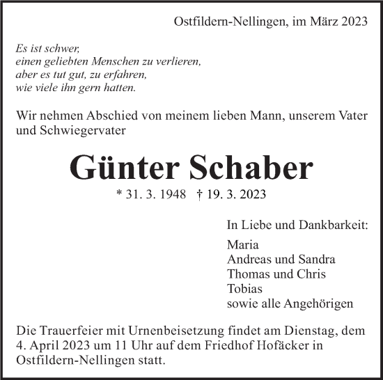 Traueranzeige von Günter Schaber von Eßlinger Zeitung/Cannstatter Zeitung