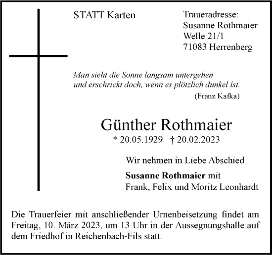 Traueranzeige von Günther Rothmaier von Eßlinger Zeitung/Cannstatter Zeitung