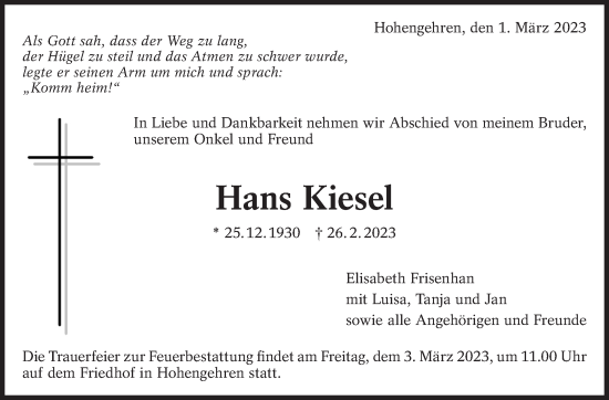 Traueranzeige von Hans Kiesel von Eßlinger Zeitung/Cannstatter Zeitung