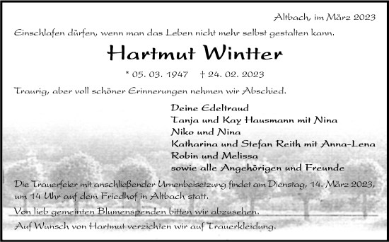 Traueranzeige von Hartmut Wintter von Eßlinger Zeitung/Cannstatter Zeitung