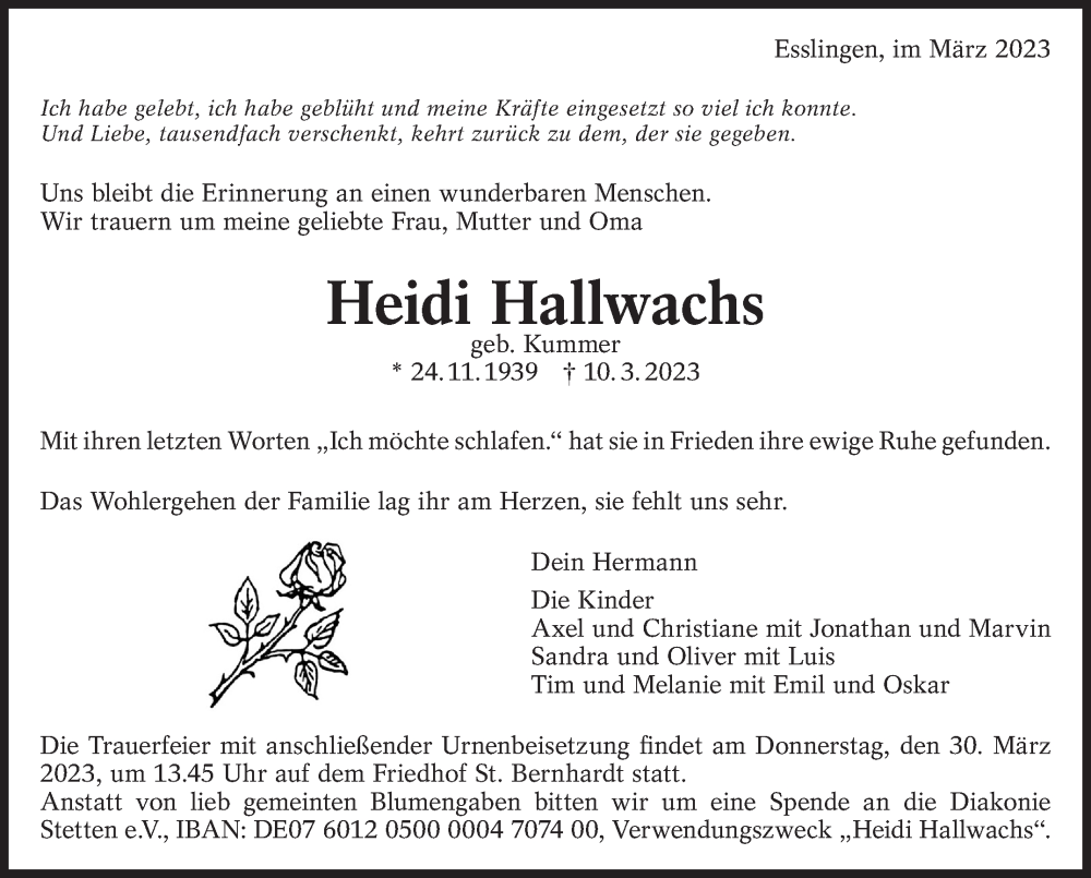  Traueranzeige für Heidi Hallwachs vom 25.03.2023 aus Eßlinger Zeitung/Cannstatter Zeitung
