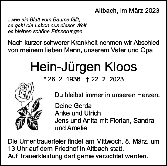 Traueranzeige von Hein-Jürgen Kloos von Eßlinger Zeitung/Cannstatter Zeitung