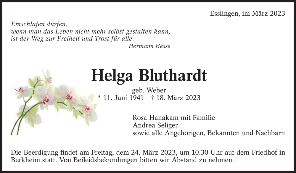  Traueranzeige für Helga Bluthardt vom 22.03.2023 aus Eßlinger Zeitung/Cannstatter Zeitung