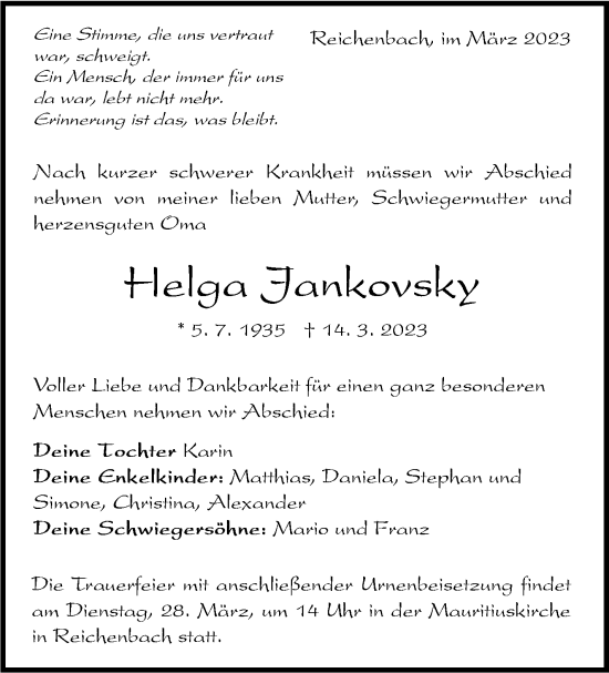 Traueranzeige von Helga Jankovsky von Eßlinger Zeitung/Cannstatter Zeitung