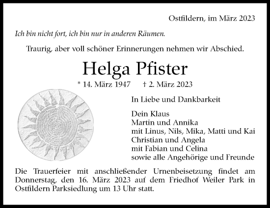 Traueranzeige von Helga Pfister von Eßlinger Zeitung/Cannstatter Zeitung