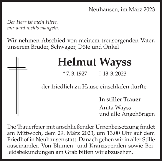 Traueranzeige von Helmut Wayss von Eßlinger Zeitung/Cannstatter Zeitung
