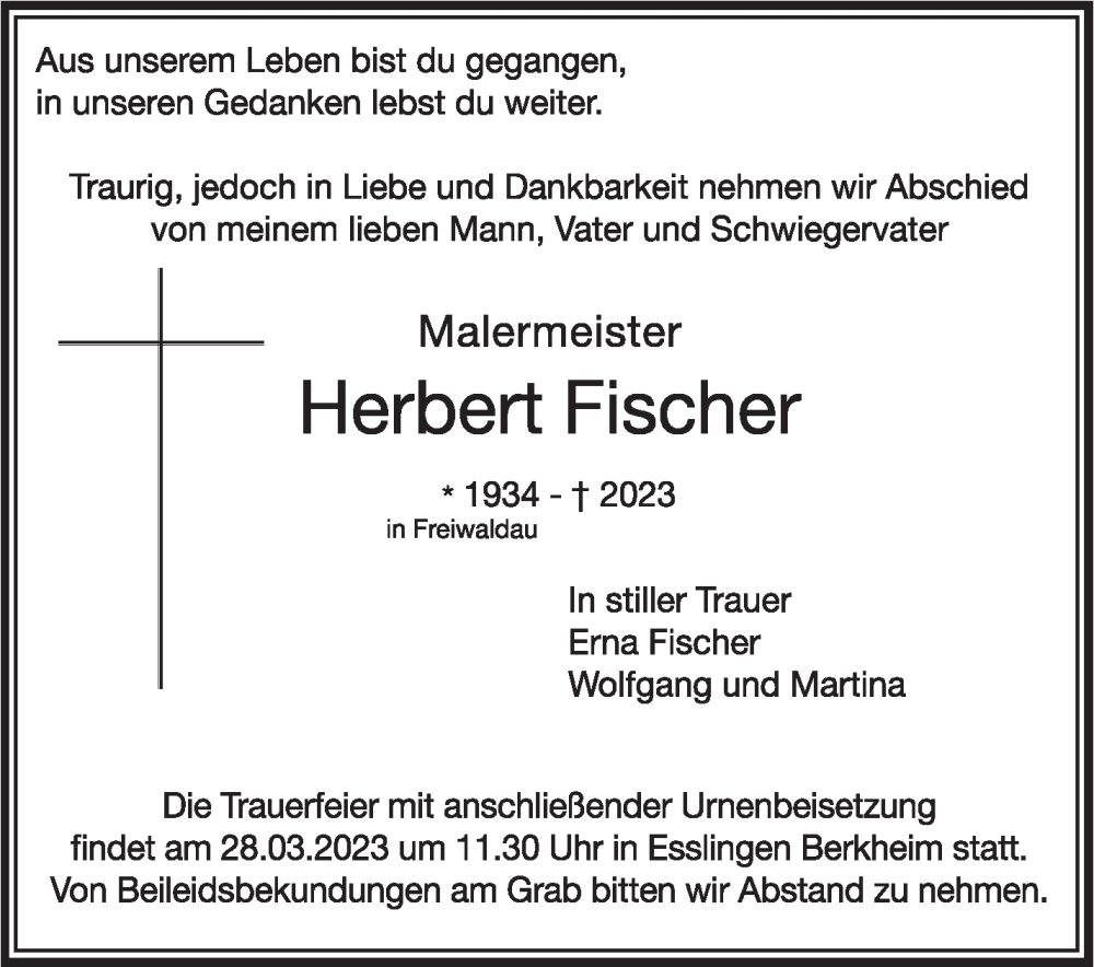  Traueranzeige für Herbert Fischer vom 25.03.2023 aus Eßlinger Zeitung/Cannstatter Zeitung