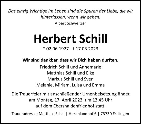 Traueranzeige von Herbert Schill von Eßlinger Zeitung/Cannstatter Zeitung