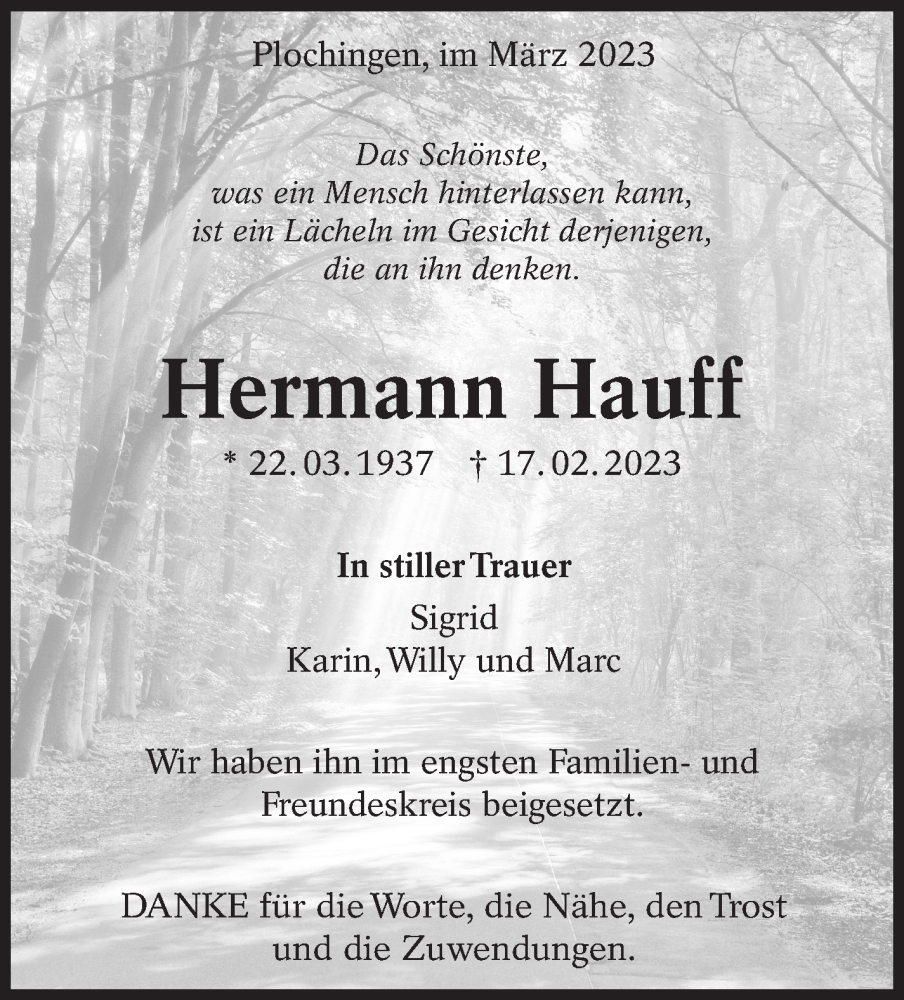  Traueranzeige für Hermann Hauff vom 11.03.2023 aus Eßlinger Zeitung/Cannstatter Zeitung