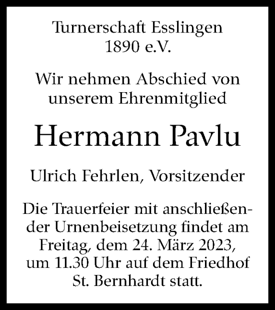 Traueranzeige von Hermann Pavlu von Eßlinger Zeitung/Cannstatter Zeitung
