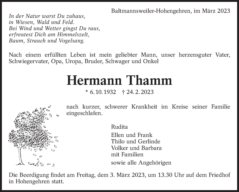  Traueranzeige für Hermann Thamm vom 01.03.2023 aus Eßlinger Zeitung/Cannstatter Zeitung