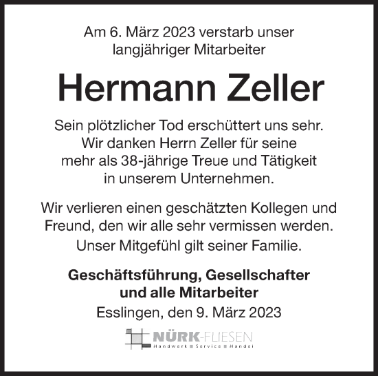 Traueranzeige von Hermann Zeller von Eßlinger Zeitung/Cannstatter Zeitung