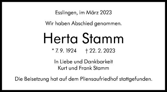 Traueranzeige von Herta Stamm von Eßlinger Zeitung/Cannstatter Zeitung